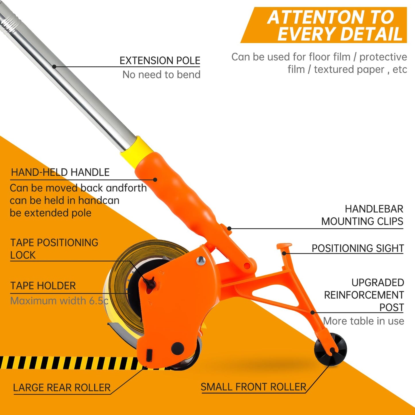 Heavy-Duty Floor Tape Applicator - Manual Push Tape Marking Tool for Driveway, Warehouse, Aisle & Sports Courts | Non-Slip Grip, Adjustable Pressure, Reusable Tape Roller (Includes 3 Refill Rolls)