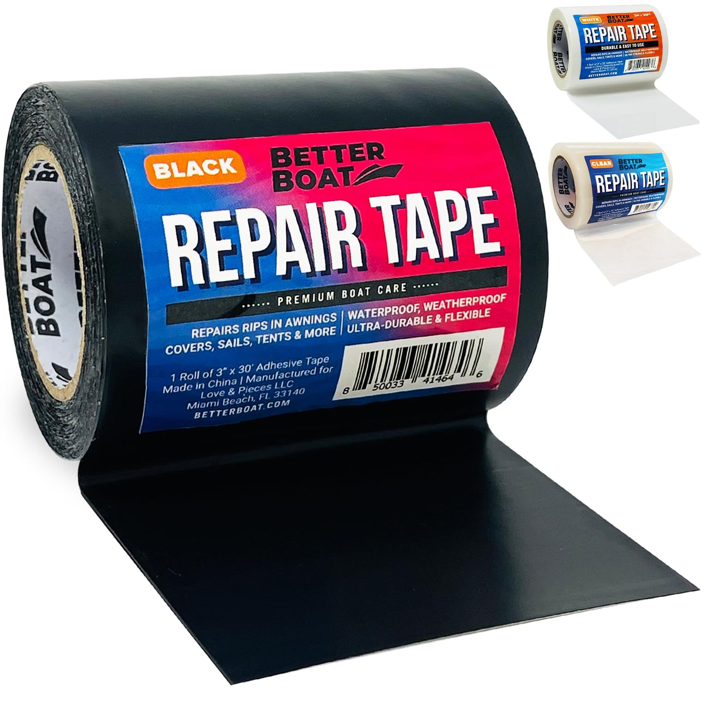 Better Boat Repair Tape for Fabric and Vinyl 30ft x 3in, Black Waterproof Patch Tape for RV Awning Canvas Tent Tarp Sail Canopy Boat Cover, Heavy Duty