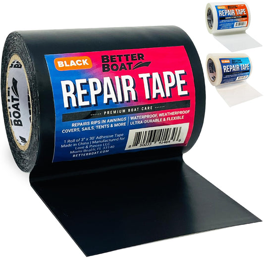 Better Boat Repair Tape for Fabric and Vinyl 30ft x 3in, Black Waterproof Patch Tape for RV Awning Canvas Tent Tarp Sail Canopy Boat Cover, Heavy Duty