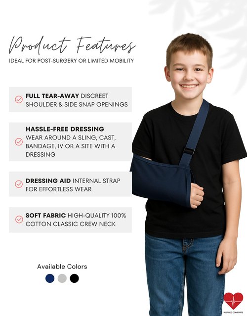 Kids Arm Sling, Surgery & PICC Access Shirt (Black,L)