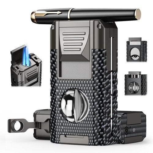6-in-1 Torch Lighters, Torch Lighter with V & Straight Cutter, Punch, Holder, Draw Enhancer Tool, Triple Windproof Flame, All-in-one Lighter with Multi-Functional Accessory, Refillable Butane Lighters