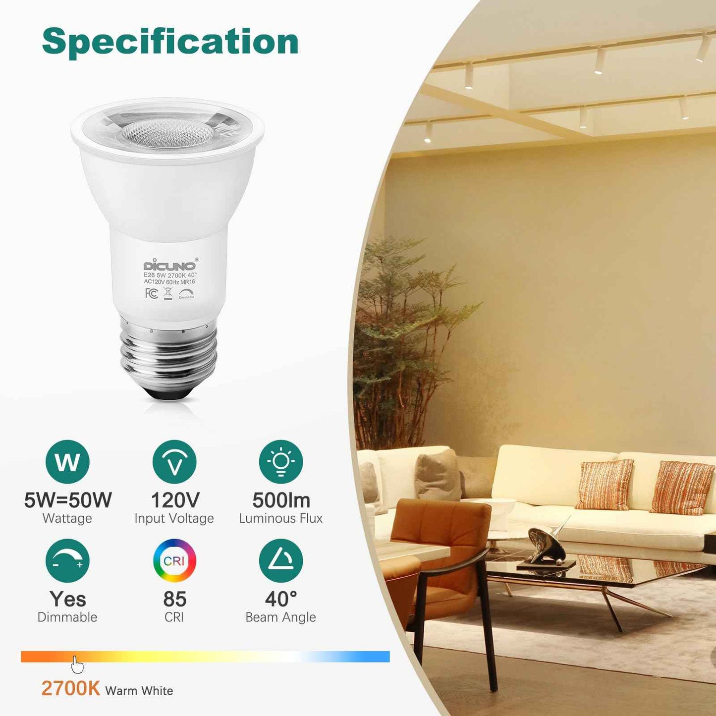 DiCUNO PAR16 LED Bulb Dimmable, 5W Long Neck Spotlight Bulb, 500Lumen, 40° Beam Angle, Warm White 2700K, 50W Equivalent E26 LED for Recessed Light, Curio Cabinet, Pack of 6