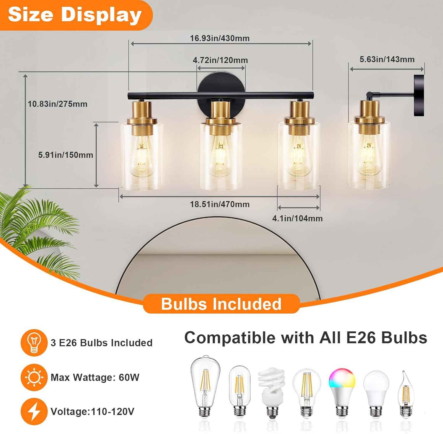 Modern Black 3-Light Bathroom Vanity Light Fixture with Clear Glass Shades - 2 Pack