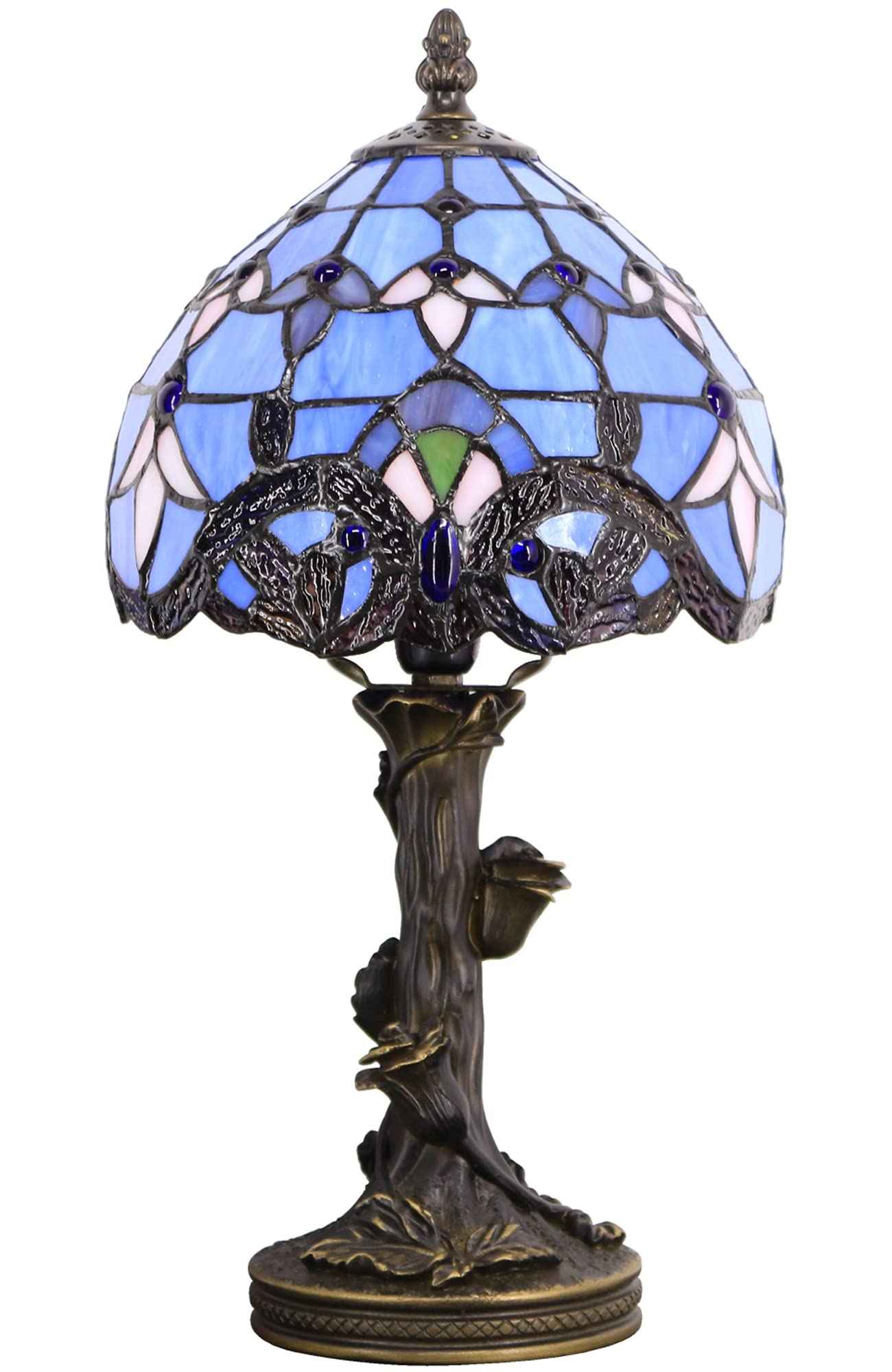 Small Tiffany Lamp Stained Glass Table Lamp Blue Baroque Style Bedside Desk Light Mini Accent Desk Memory Lamp 8X15 Inch