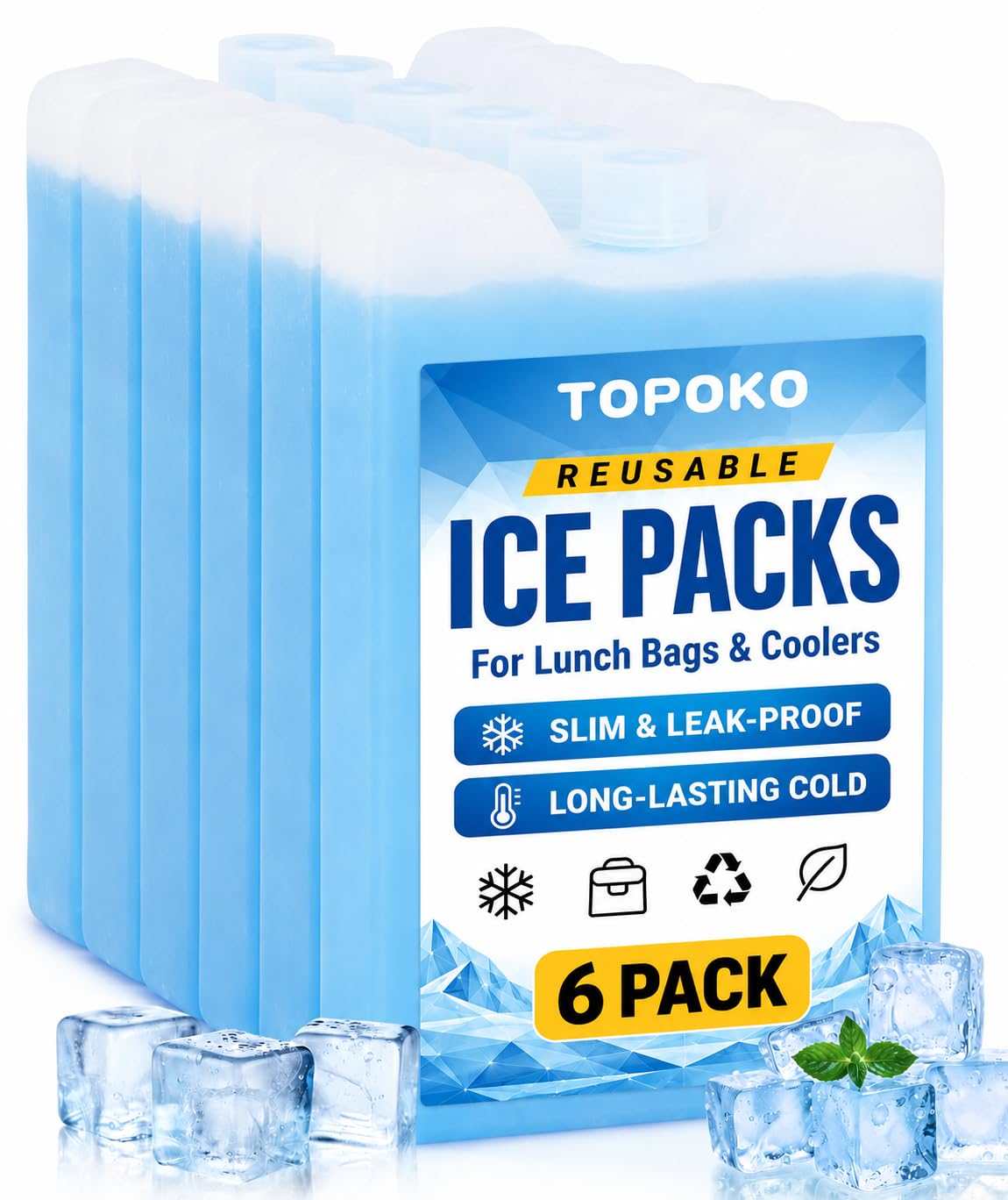 TOPOKO Ice Packs for Lunch Bags, Coolers & Freezers – 6 Pack Reusable Ice Packs, Slim, Leak-Proof, Long-Lasting Cold, Quick Freeze for Picnic, Camping, Beach, Hiking & Outdoor Sports