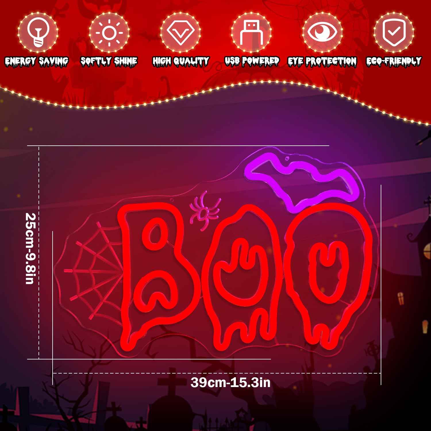 Ajoyferris Halloween Neon Sign Boo Bat Led Sign for Halloween Party Decorations Dimmable Boo Spider Web Neon Lights Spooky Neon Light Up Sign (Red)