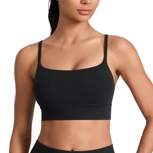 CRZ YOGA Butterlift Scoop Neck Longline Sports Bras for Women - Padded Cami Tank Adjustable Spaghetti Strap Workout Crop Top Black Medium