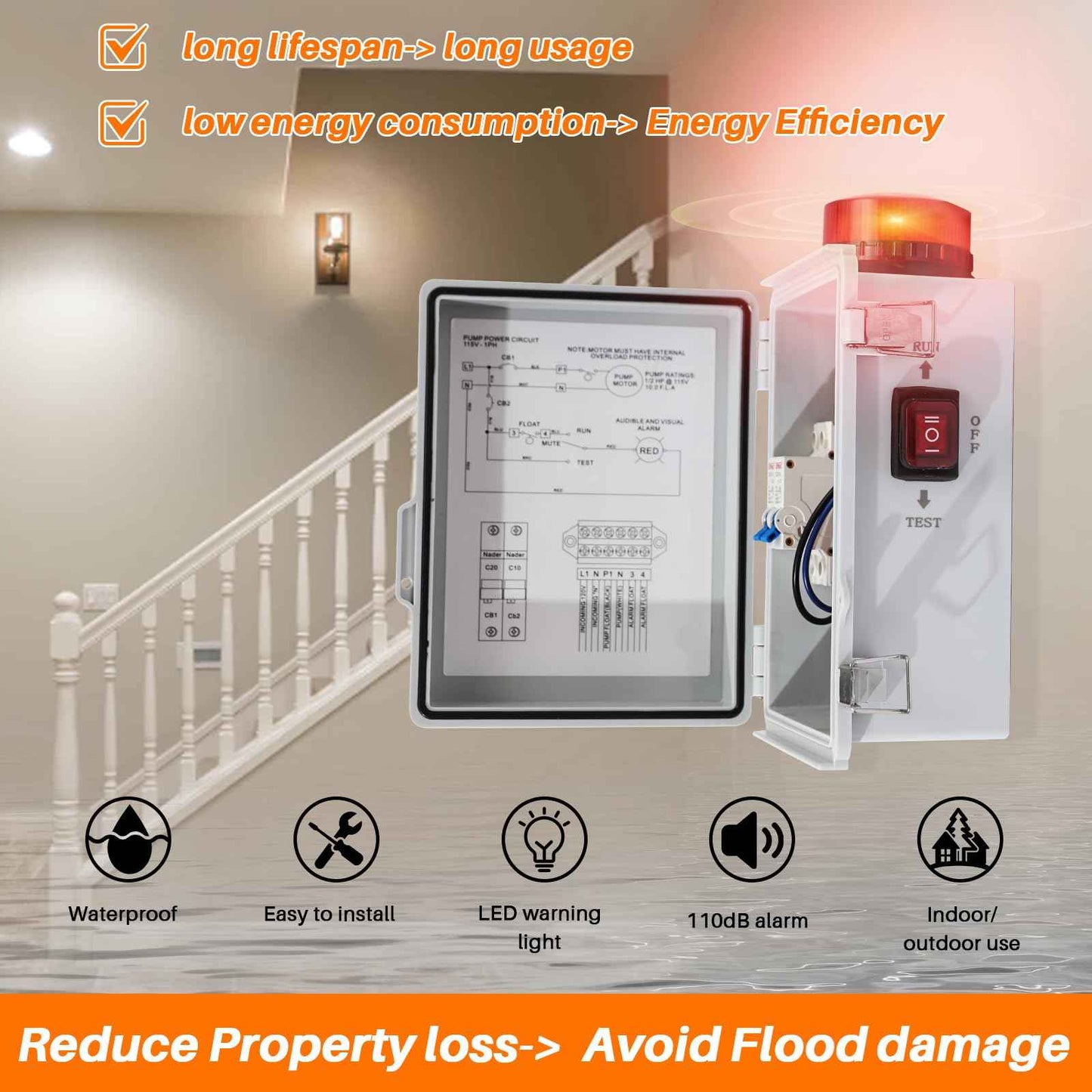MXLTYMX High Water Alarm, Septic Tank Alarm , Sump Pump Alarm with Light and 110 Db Alarm ， Automatic Or Manual Start Water Pump