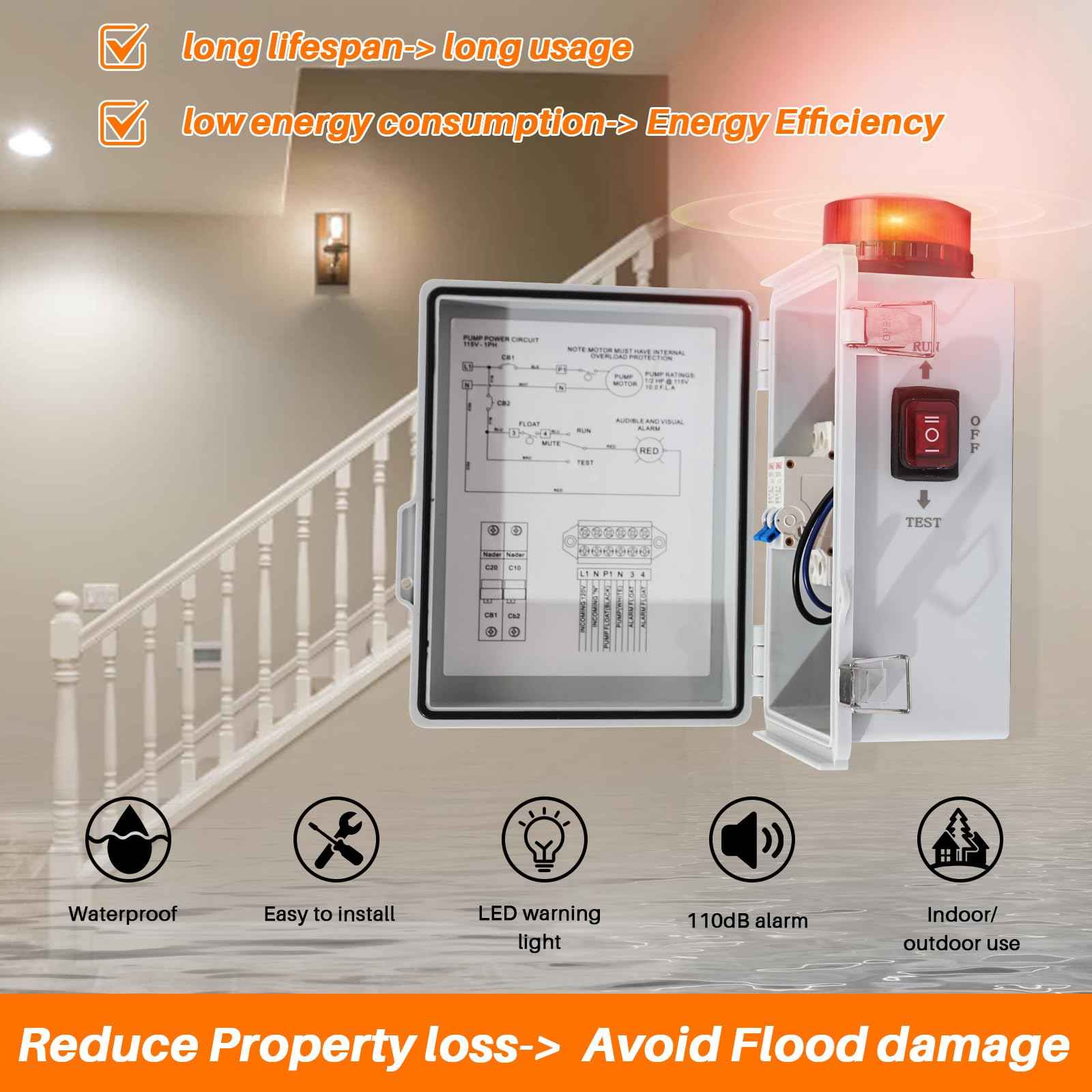 MXLTYMX High Water Alarm, Septic Tank Alarm , Sump Pump Alarm with Light and 110 Db Alarm ， Automatic Or Manual Start Water Pump