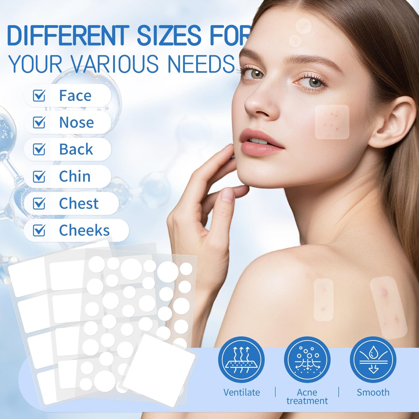Large Pimple Patches for Face, 7 Sizes XL Acne Patches Big Hydrocolloid Bandages for Body, Chin, Forehead, Chest, Back Zit Breakouts (Strip, Square, Round 302 Count)