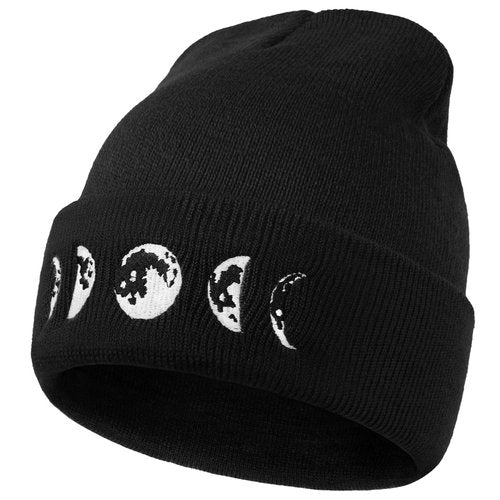 Gothic Moon Phase Skull Beanie Hats for Men Women, Warm Embroidery Winter Hat for Birthday Christmas & New Year Black