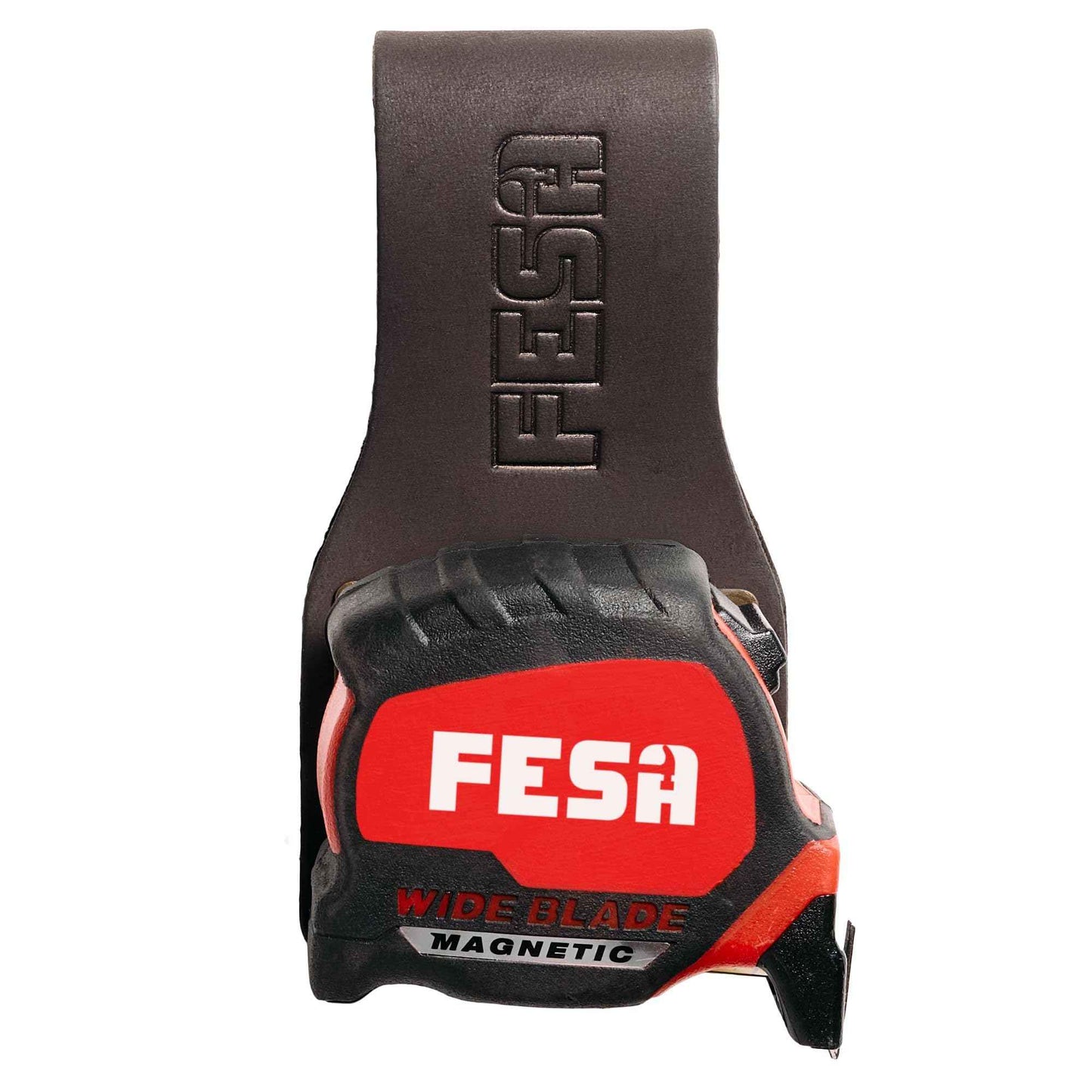 FESA Leather Tape Measure Holder - Top Grain Leather Measuring Tape Holder or Drill Holder for Tool Belt with Steel Clip & Reinforced Heavy Duty Rivets - Fits Belts up to 3" - Handcrafted (Brown)