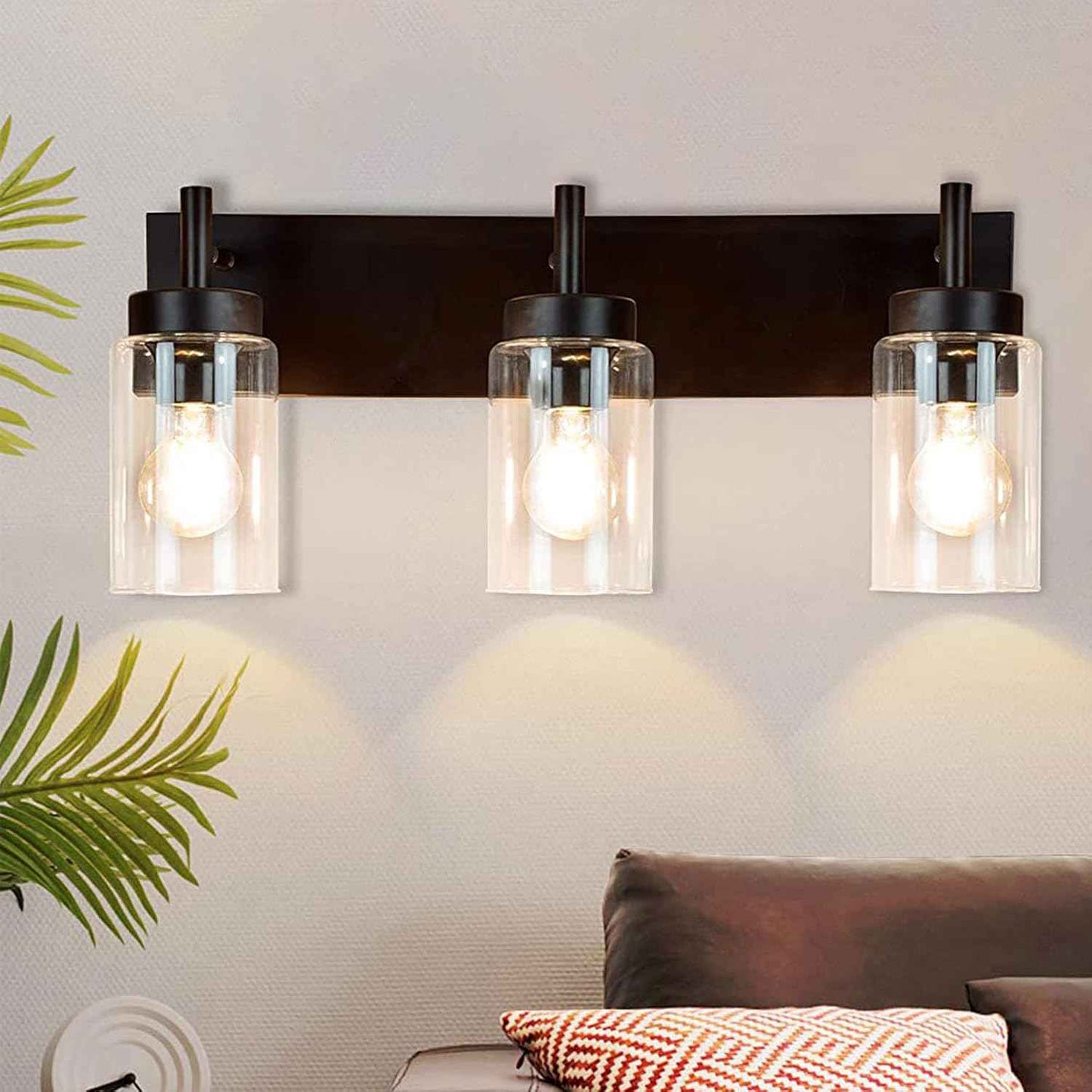 Modern Black 3-Light Bathroom Vanity Light Fixture with Clear Glass Shades - 2 Pack