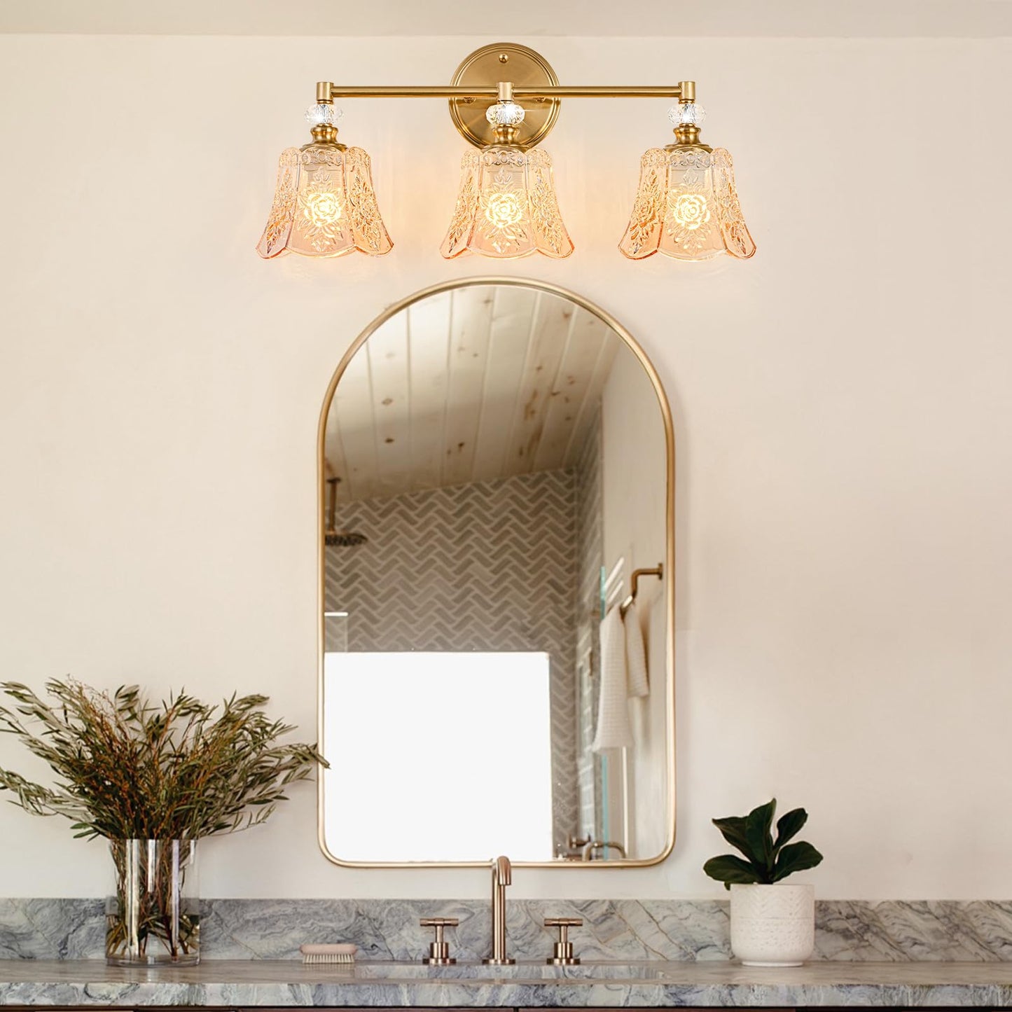 sunkryster Gold Vintage Bathroom Vanity Light Fixture, 3-Light Bathroom Lighting Gold Finish with Amber Glass Shade, Retro ‎Brushed Gold Vanity Light for Bathroom