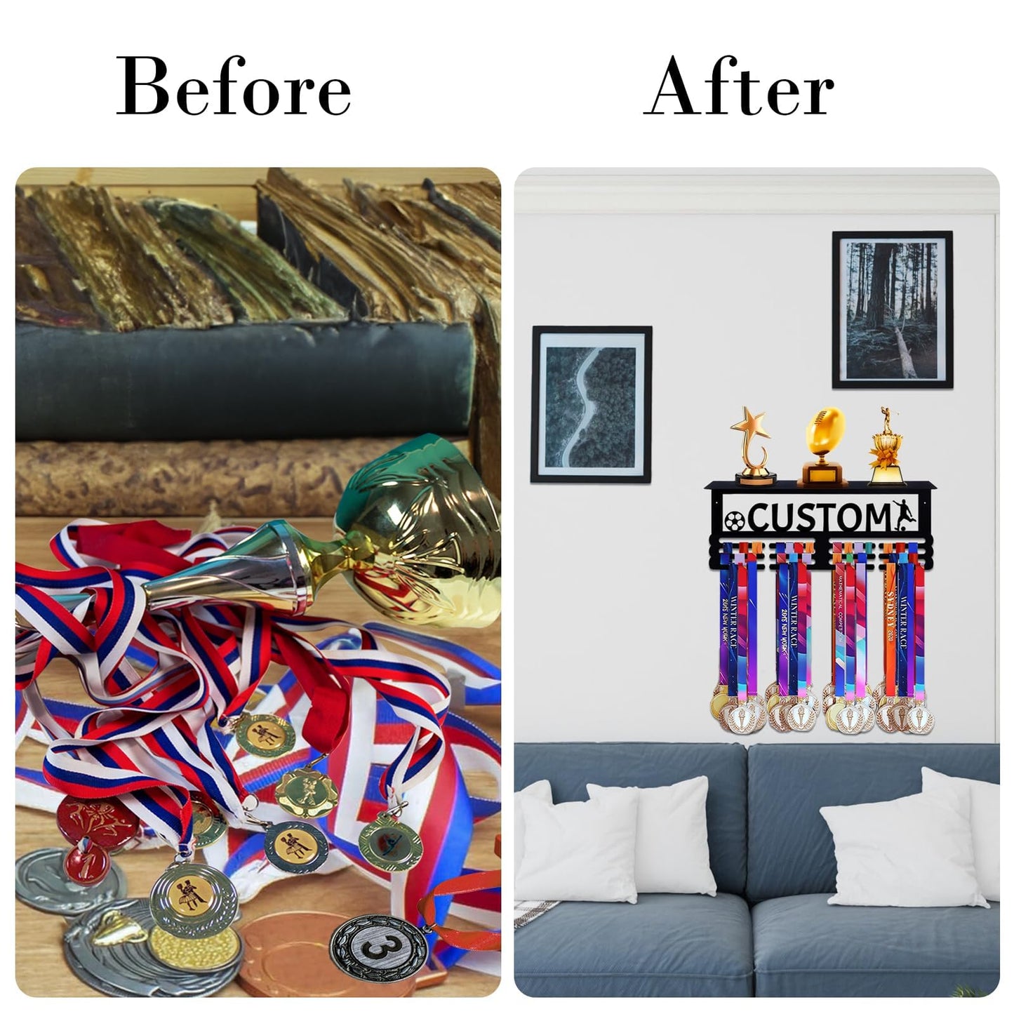 Medal Hanger Display with Trophy Shelf - Durable Metal Rack for Award Ribbon Hanger Holds Up to 16 Medals 5 Trophies - Ideal for Sports Fan and Daily Use Christmas Halloween and Birthday Gifts