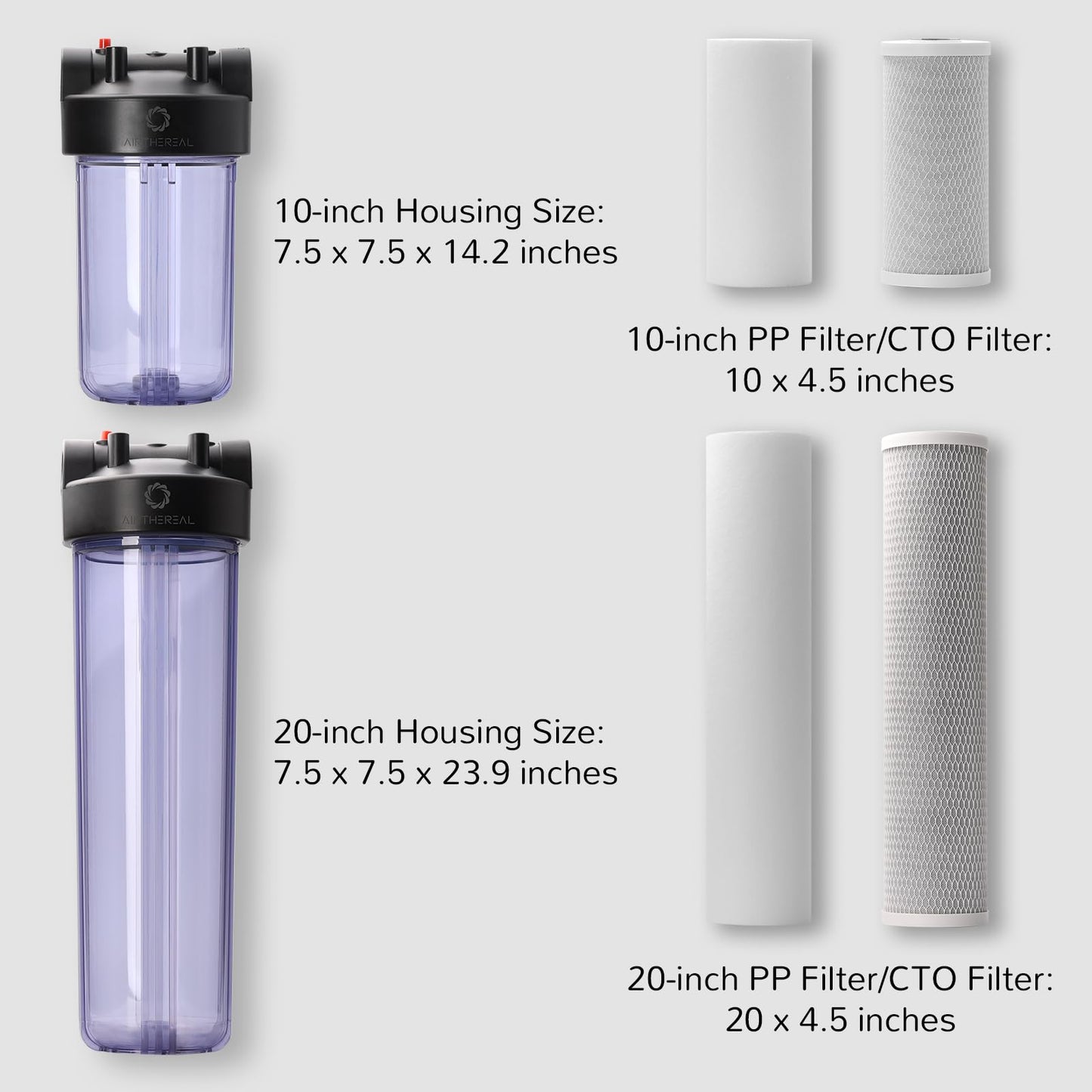 Airthereal Whole House Water Filter Clear Housing, 10" x 4.5" Sediment Carbon Cartridge Universal Housing, Pre-Filtration System for Well and City Water, 3/4" NPT Port, Includes 1-Pack CTO Filter