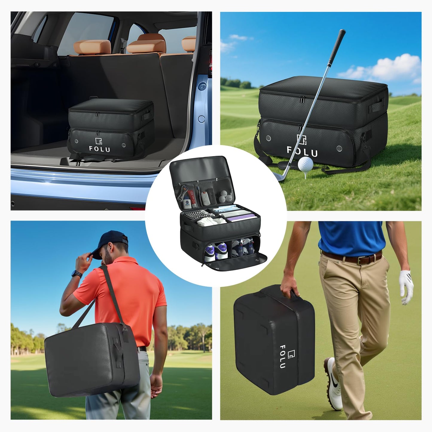 FOLU 2 Layer Golf Trunk Organizer, Waterproof Car-Golf Locker with Separate Ventilated Compartment for 2 Pair Shoes, Golf-Trunk Storage for Balls, Tees, Clothes, Gloves, Accessories