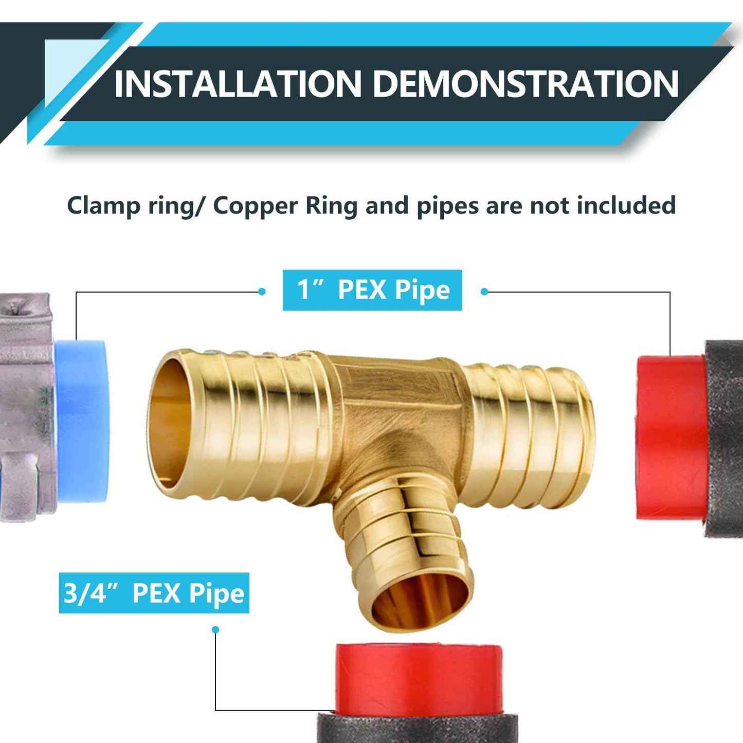 Seelink (5-Pack) PEX Fittings, 1" x 1" x 3/4" Pex Reducing Tee, Brass Crimp Fittings, for PEX Tubing Pipe Plumbing, ASTM F1807(PEX1807090)
