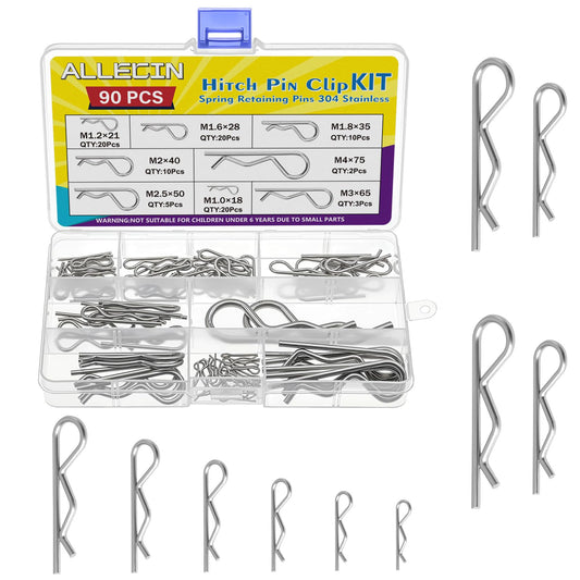 ALLECIN 8 Values 90Pcs Hitch Pin Clip R Clips Spring Retaining Pins 304 Stainless Steel Hairpin Cotter Pin Assortment Kit for Trailer Hitch Locking Machinery Repairs