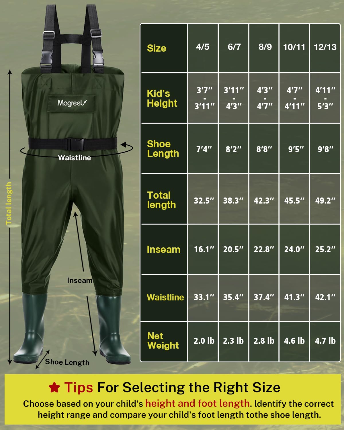 Magreel Child Chest Waders Waterproof Nylon Youth Waders with Boots Fishing & Hunting Waders for Toddler Children Boys Girls, 10/11 Big Kids