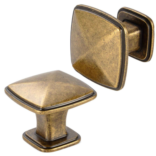 BEROSSA Antique Brass Cabinet Knobs Vintage Brass Drawer Knobs, 10 Pack 1-1/4 Inch, 1990 Square Single Hole Cabinet Pulls for Kitchen Cabinets Drawers Bedroom Dresser Cupboard Bathroom Vanity