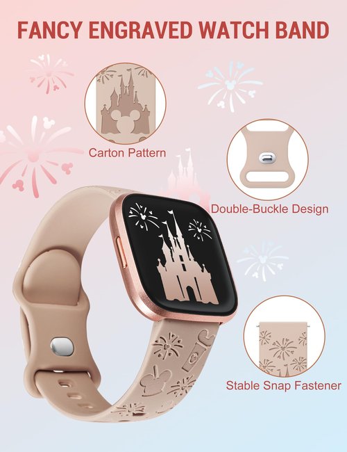 Girovo 3 Pack Engraved Cartoon Bands Compatible with Fitbit Versa 2 Band/Versa Lite/Versa Band Women, Cute Soft Silicone Replacement Straps Bracelet Sport Designer Fancy Wristbands for Fitbit Versa SE
