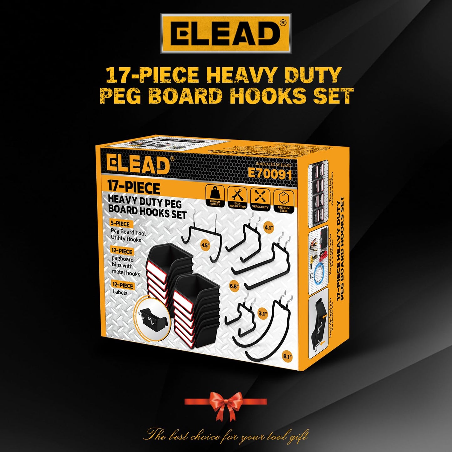 ELEAD 17PCS Pegboard Hooks with Peg-Board Bins Accessories: Heavy Duty Pegboard Drill Holder, Pegboard Accessories Organizer for Organizing Various Tools in Garage Home Craft Room