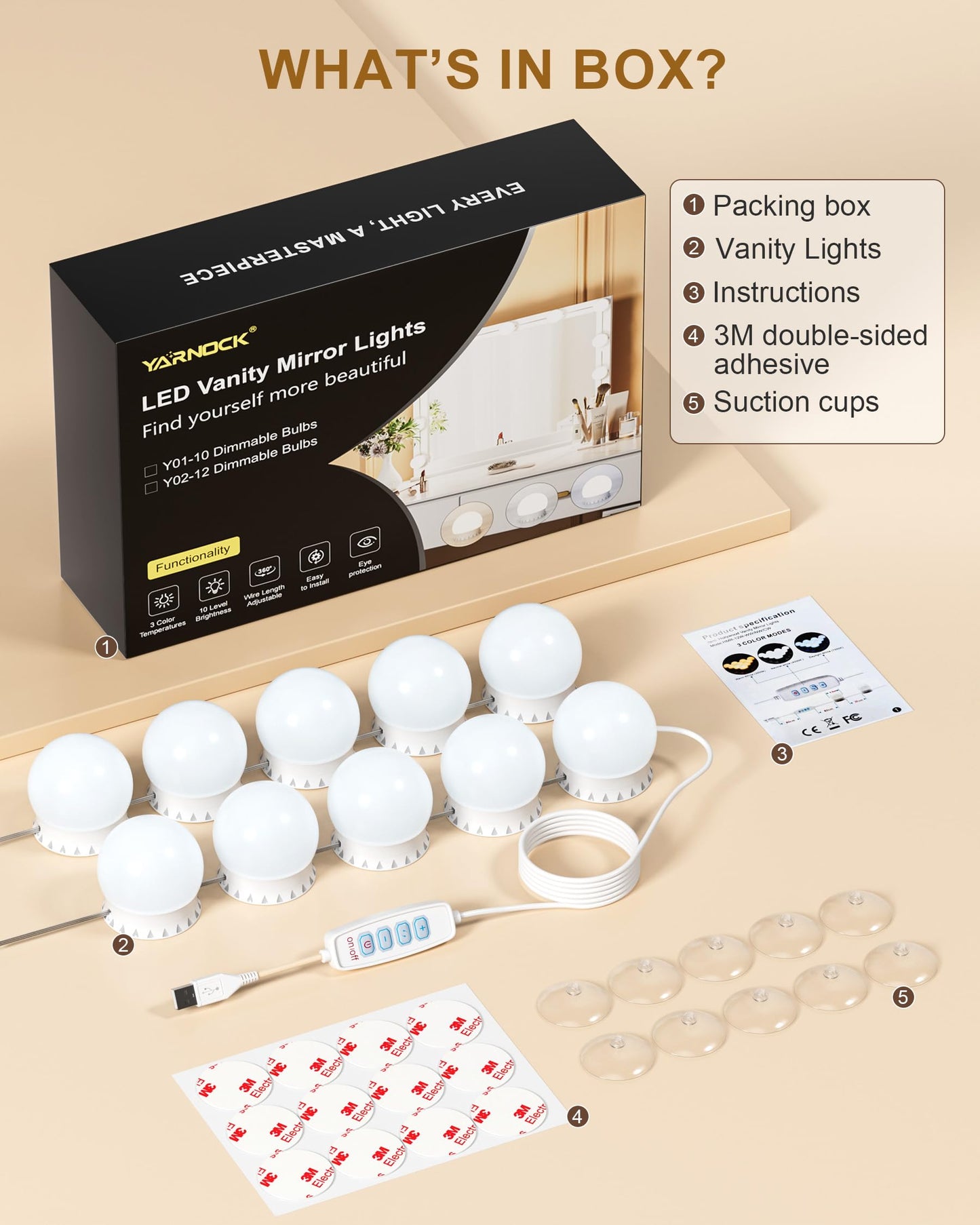 Yarnock 10 Bulbs LED Vanity Lights for Mirror, 3000K 4000K 6500K & 10-Brightness, Wire Length Adjustable, USB Cable, Hollywood Mirror Lights for Makeup Dressing Room Bathroom, White