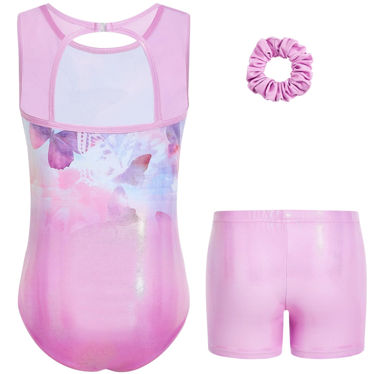 Gogokids Gymnastics Leotards for Girls Sparkly Rhinestone Mesh Cutout Back Dance Unitards Biketards with Shorts Activewear, Pink, 5-6 Years