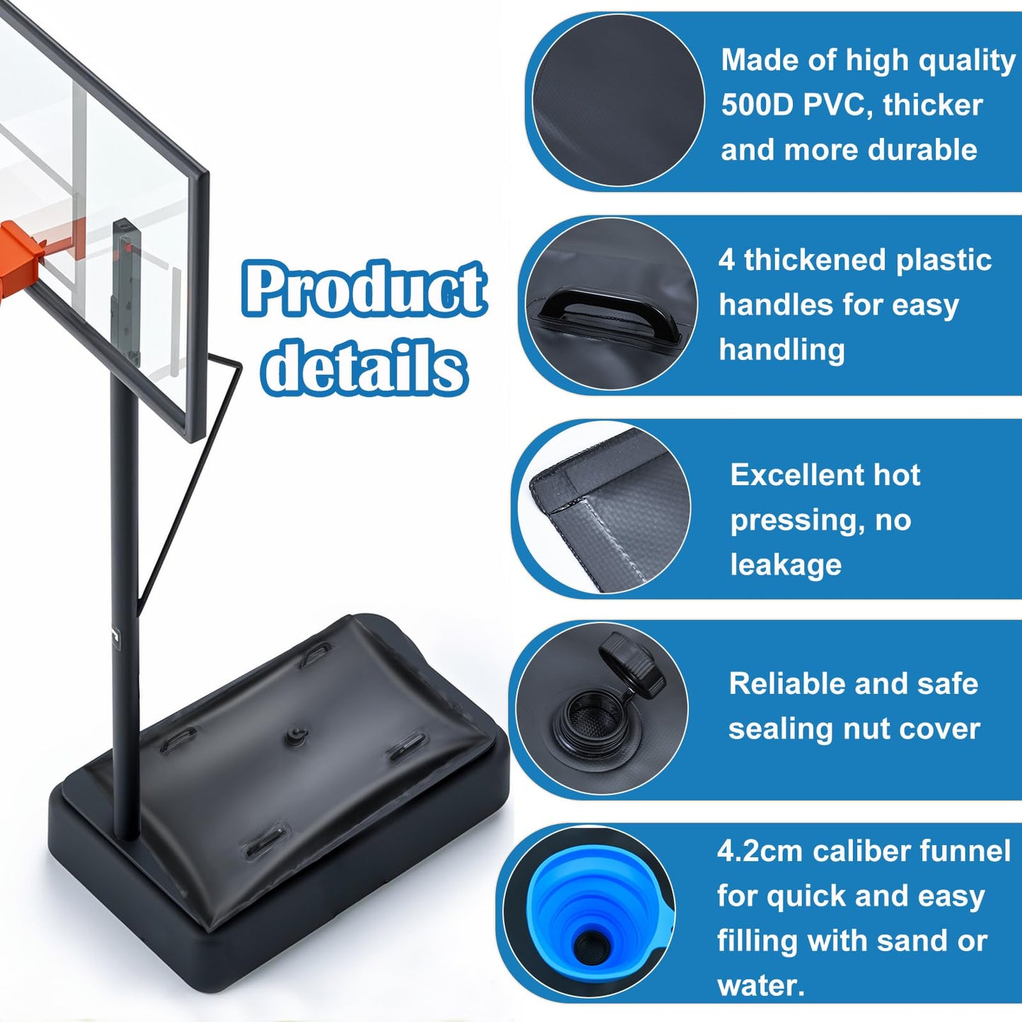 Portable Basketball Hoop Sandbag Heavy Duty Weighted Base Anchor for Basketball Hoops Base Weights Bag Waterproof Dustproof PVC Waterproof Weighted Bottom Anchor Stand Sand Bag Hold 120lbs with Funnel