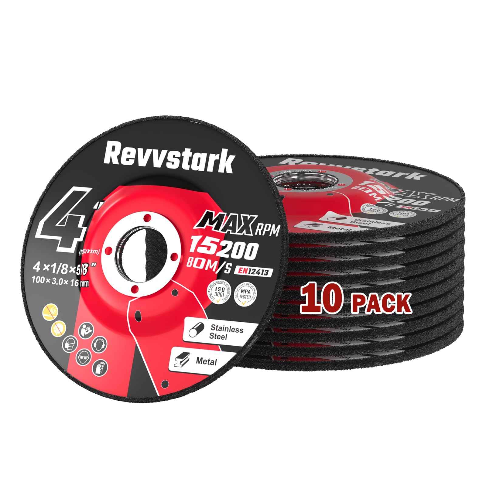 Revvstark 10 Pack Grinding Wheels 4 Inch, Grinder Wheel for General Purpose Metal & Stainless Steel, Aluminum Oxide Grinding Disc 4 in for Angle Grinder, Depressed Center 4" * 1/8" * 5/8"