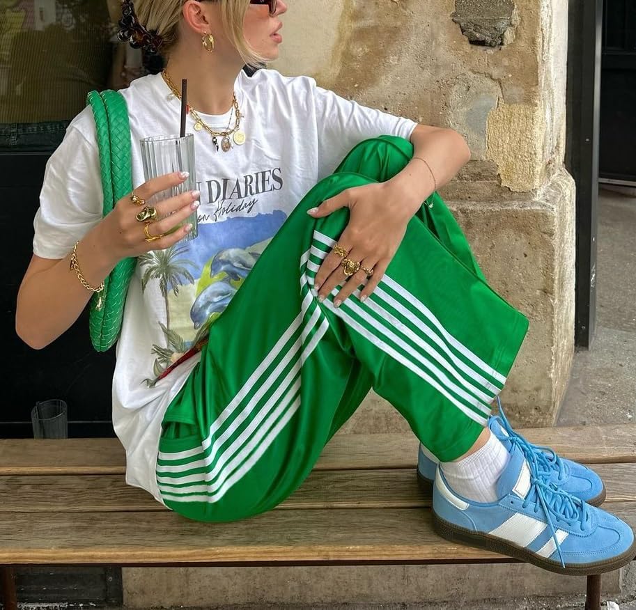 UAURORAO Y2K Track Pants - Baggy Striped Joggers with Elastic Waist & Pockets | Color Block Design