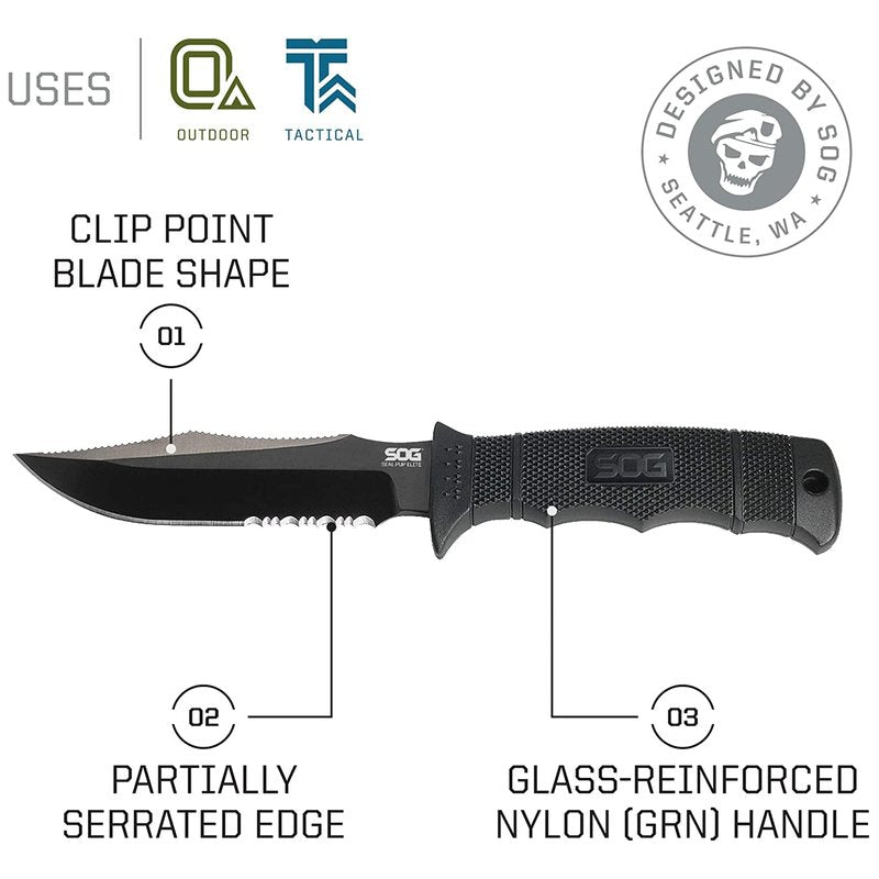 SOG Seal Pup Elite Tactical Fixed Blade- Survival and Hunting Knife with Sheath, 4.85 Inch Combat Knife Blade (E37T-K)