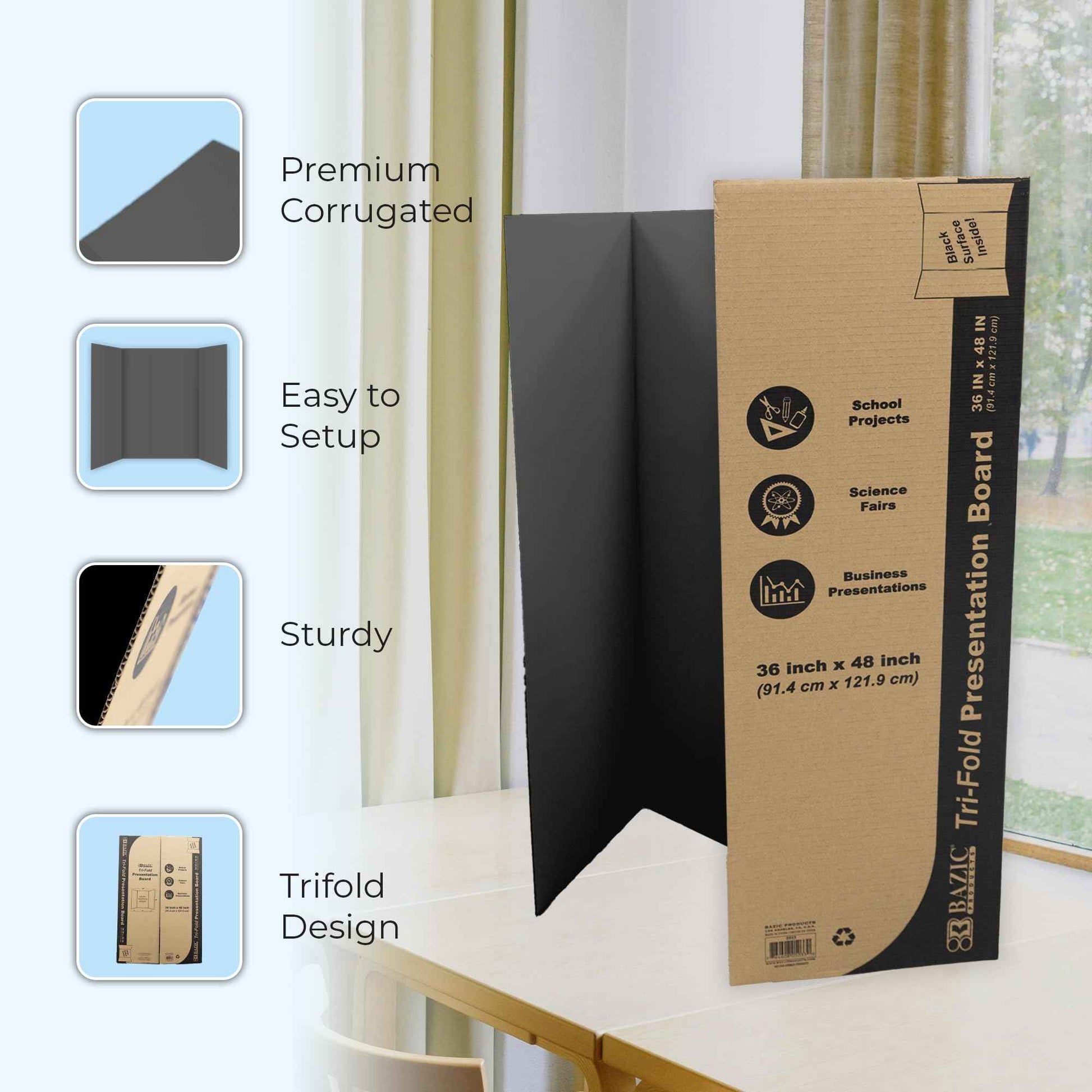 BAZIC Products Trifold Presentation Board 36" X 48" Black, Tri-Fold Corrugated Poster Boards, Cardboard for Display Boards Science Fair Art Project, 2-Pack