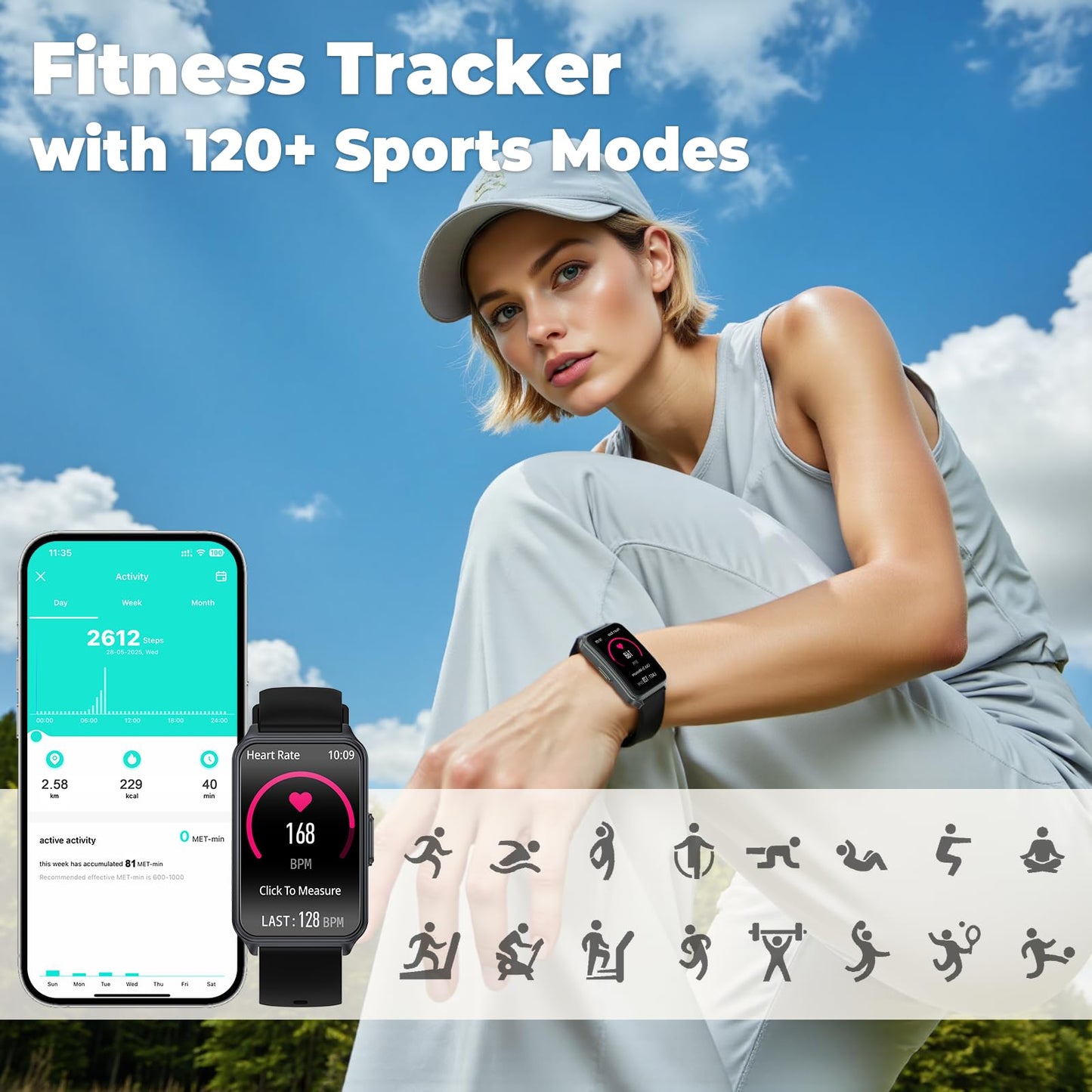 Fitness Tracker (Answer/Make Call)，Smart Watch 24/7 Heart Rate Spo2 Blood Oxygen Monitor Sleep Tracker, 120 Sports Modes Pedometer Calorie Step Tracker, Waterproof Activity Tracker for Women Men