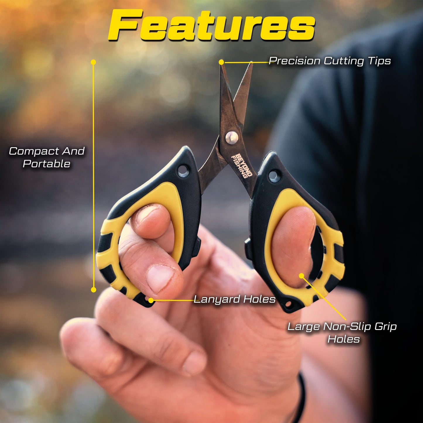 Beyond Fishing - 4.5” Fishing Scissors for Braided Line, Stainless Steel with Serrated Blades, Non Slip Grip, Large Finger Holes Fishing Line Cutter