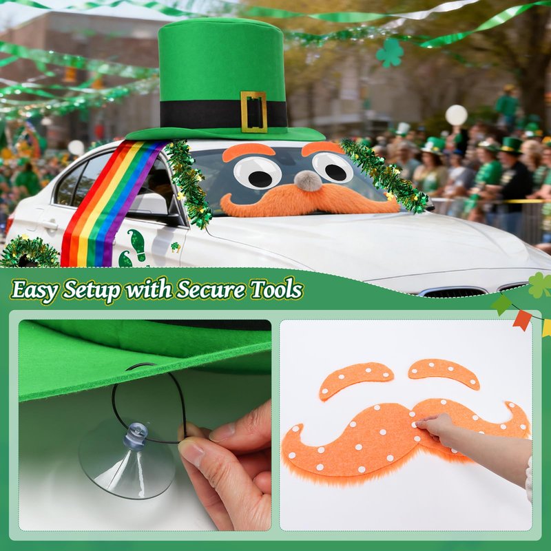 Tryly St. Patrick’s Day Golf Cart Decoration Kit, Giant Leprechaun Hat with Big Eyes & Beard, Rainbow Banner, Pot of Gold, Green Tinsel Curtain & Footprint Stickers for Irish Parade & Party Supplies