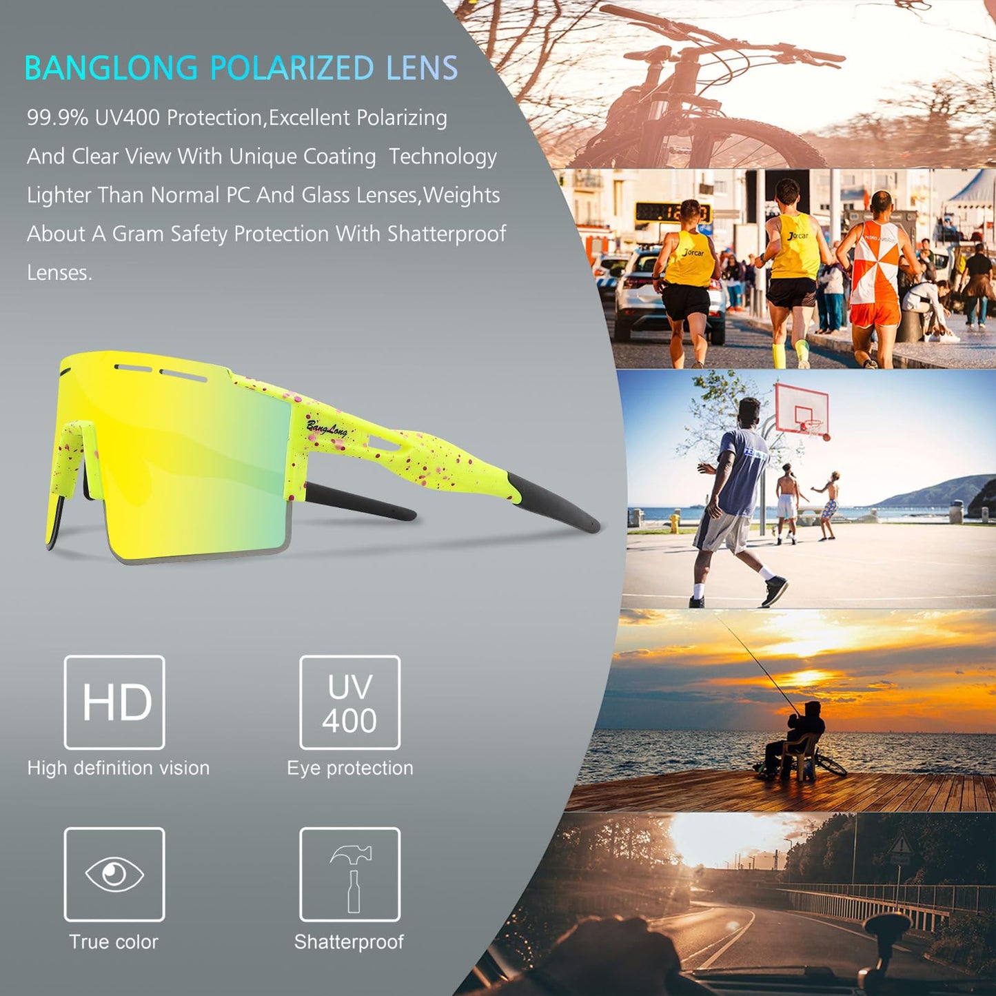 BangLong Cycling Sunglasses Polarized Sports Glasses for Men Women with 3 Interchangeable Lenses for Running Baseball Glasses