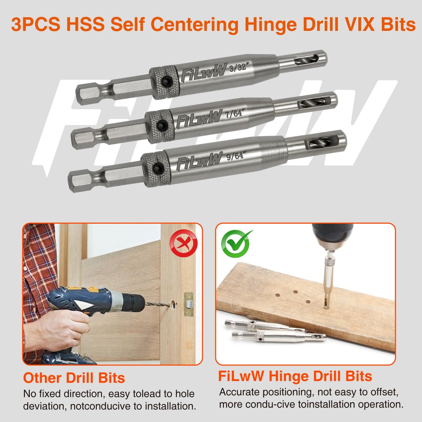 FiLwW Self-Centering Drill Bit Set, CC2430 3/32", 7/64", 9/64" Self Centering Drill Bit VIX Bit for #6 8 10 Screws
