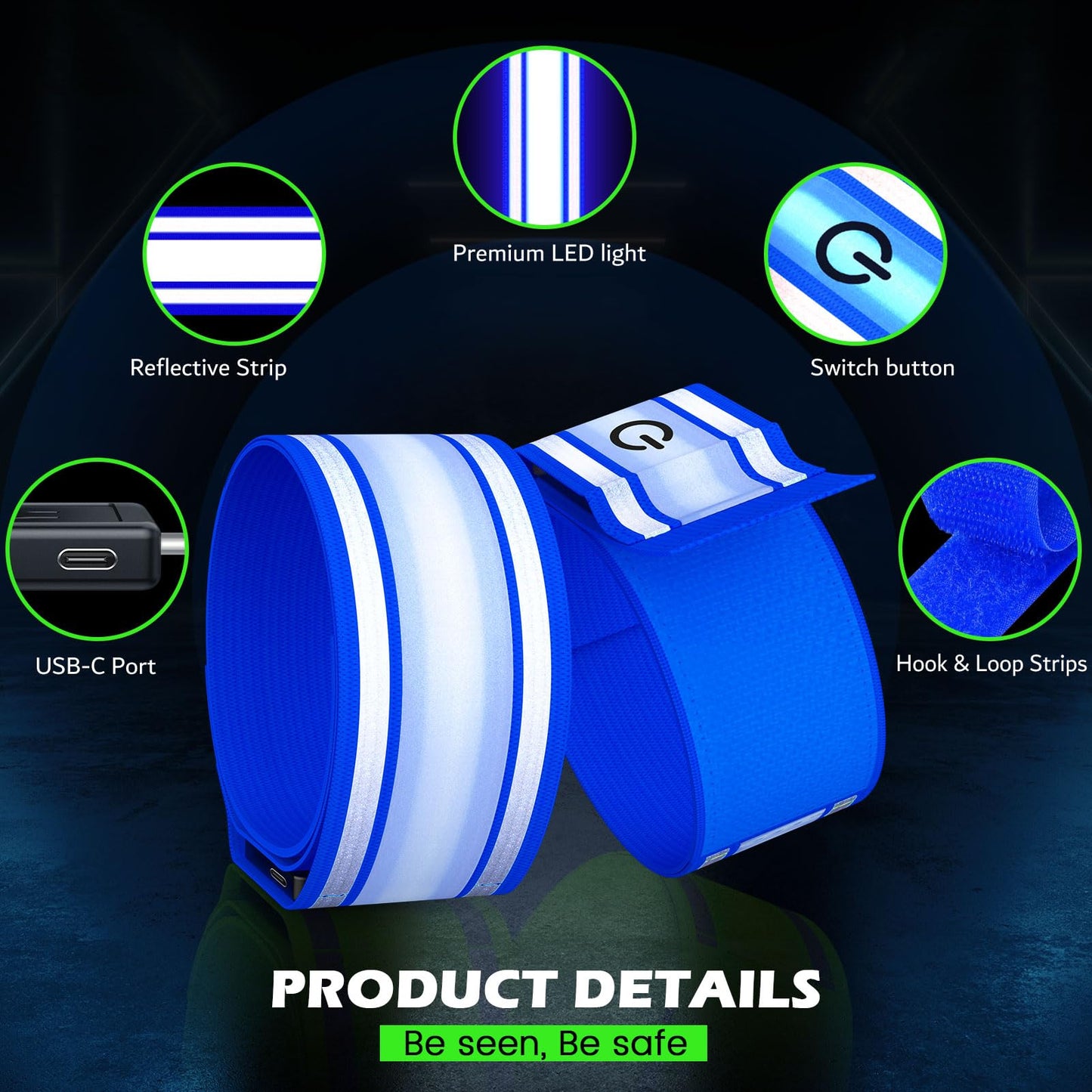 Samlior LED Armband for Running 2 Pack, 5 Colors 3 Lights Modes Rechargeable Reflective Light Up Arm Bands, High Visibility Reflective Gear for Running Walking Cycling at Night (Blue)