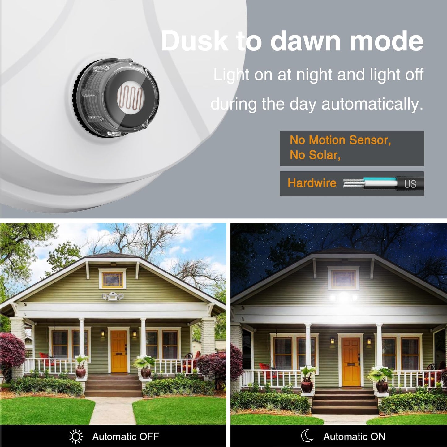 Onforu 55W LED Dusk to Dawn Outdoor Lighting, 2 Packs 6000LM Exterior Flood Lights, IP65 Waterproof Outdoor 3 Adjustable Heads Photocell White Lights Fixture, 6500K Daylight White Floodlights