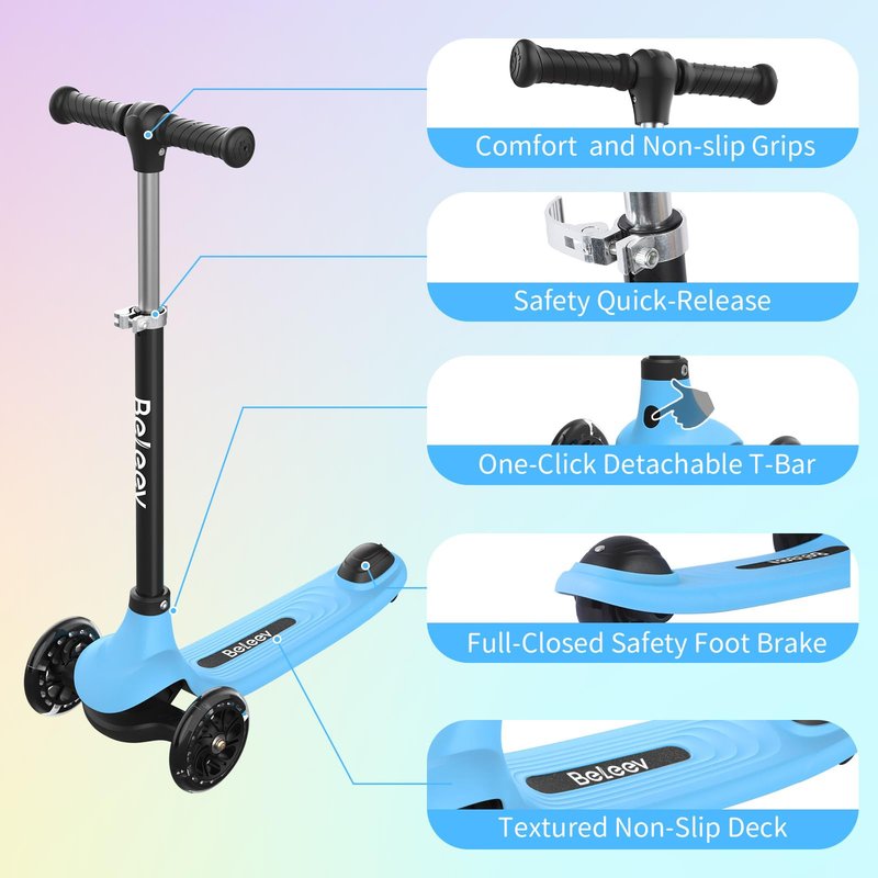BELEEV A6 Kids Scooter with LED Light-Up Wheels & Deck, 3 Wheel Kick Scooter for Toddlers Girls Boys Ages 3-8, 4 Adjustable Handlebar, Lean to Steer, Non-Slip Deck, Lightweigh Scooter for Kids (Blue)