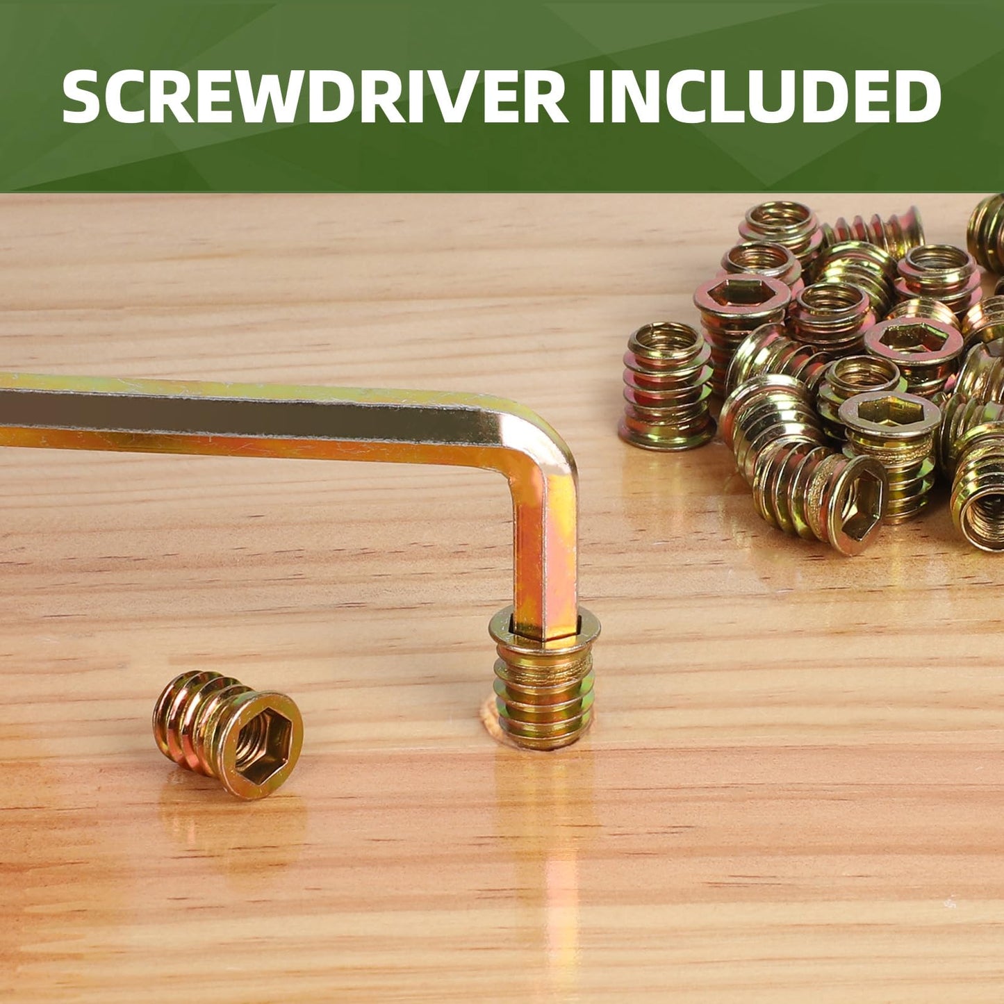 15 PCS 3/8-16 x 25mm Threaded Inserts for Wood Professional Threaded Insert Nuts for Furniture & Wooden Products, Hex Spanner Included