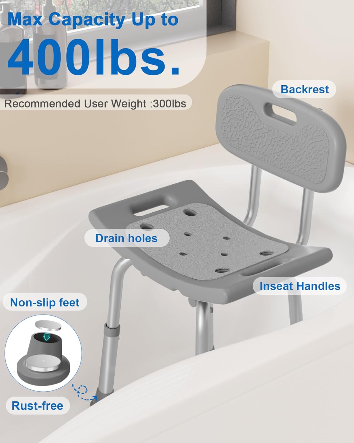 Heavy Duty Shower Chair for Seniors - 400 lbs Capacity, Removable Back, Safe Bath Seat for Bathtub - Gray