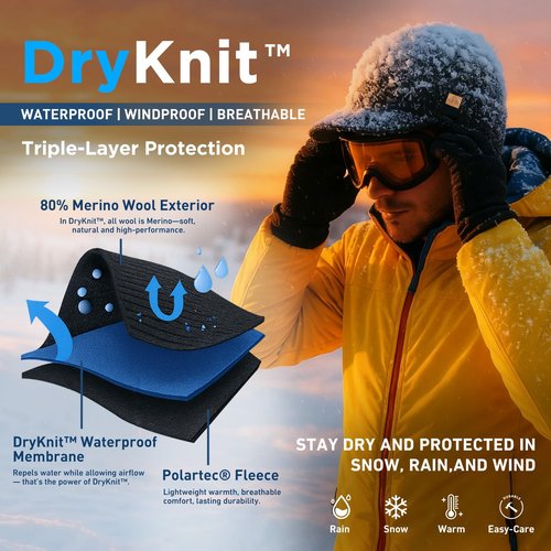 DryKnit™ Black Waterproof 80% Merino Wool Blend Beanie Hat with Brim Visor Fleece Lined Knit Winter Cap for Men Women Large Head Warm Outdoor Hiking Cold Weather Gear M/L