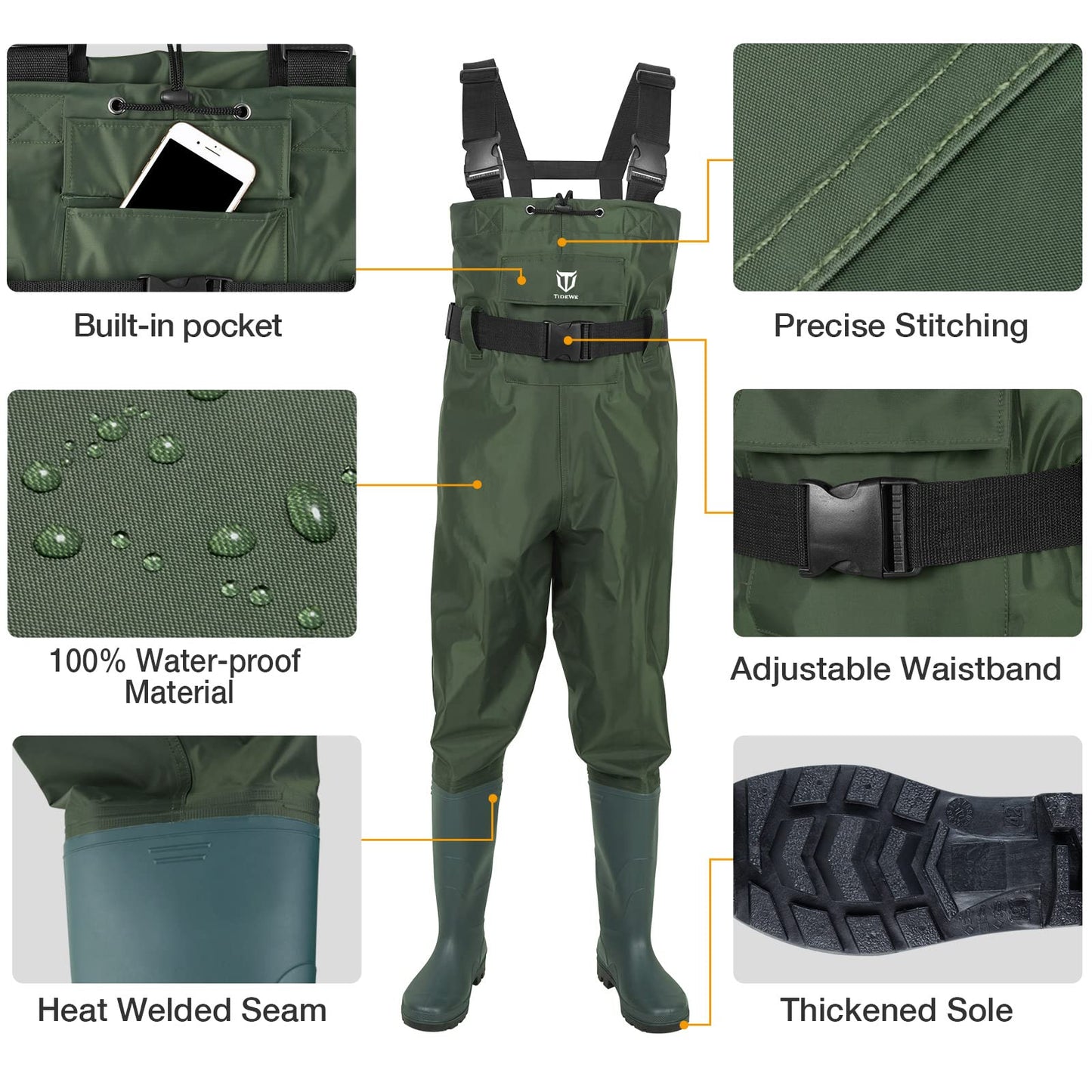 TIDEWE Bootfoot Chest Wader, 2-Ply Nylon/PVC Waterproof Fishing & Hunting Waders with Boot Hanger for Men and Women Green Size 9