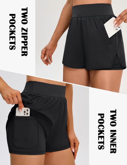 BMJL Womens 2 in 1 Running Shorts with Zip Pockets 3" Quick Dry High Waisted Gym Workout Shorts with Liner（M,Black）