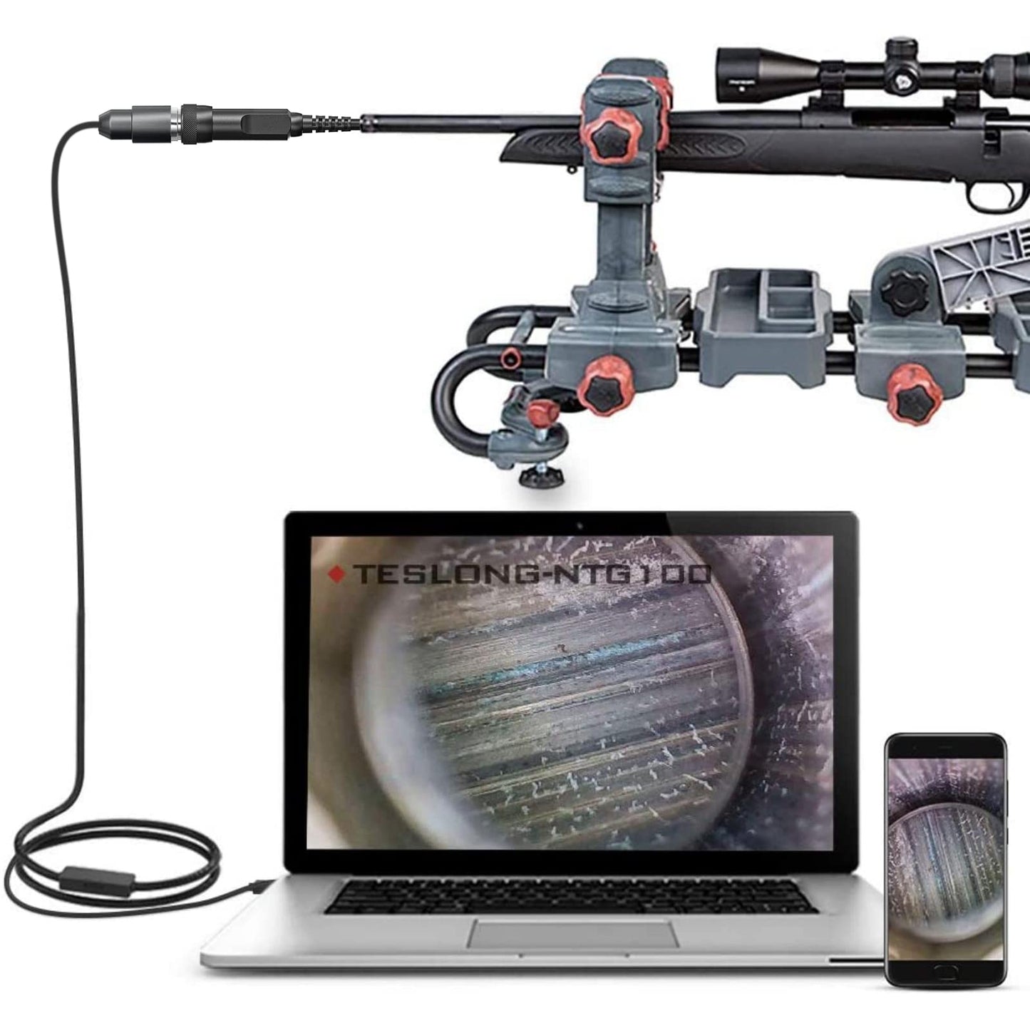 Teslong Rifle Borescope, Bore Camera Gun Cleaning Camera - Fits .20 Caliber & Larger-Hunting Shooting Firearms Visual Barrel Inspection Tool w/3 Right-Angle Mirrors and Carrying Case(45inch-Flexible)