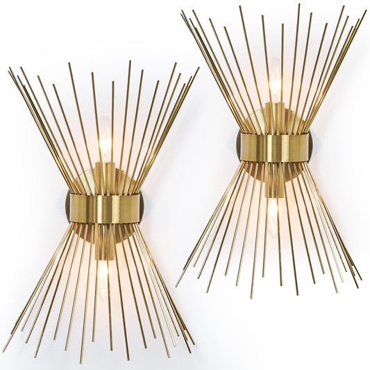 2-Light Bathroom Vanity Light, Mid-Century Modern Starburst Gold Wall Sconce, Bedside Electroplate Brass Wall Light Fixture, Wall Lamp for Powder Room Bedroom Bathroom Hallway Entryway, Set of Two