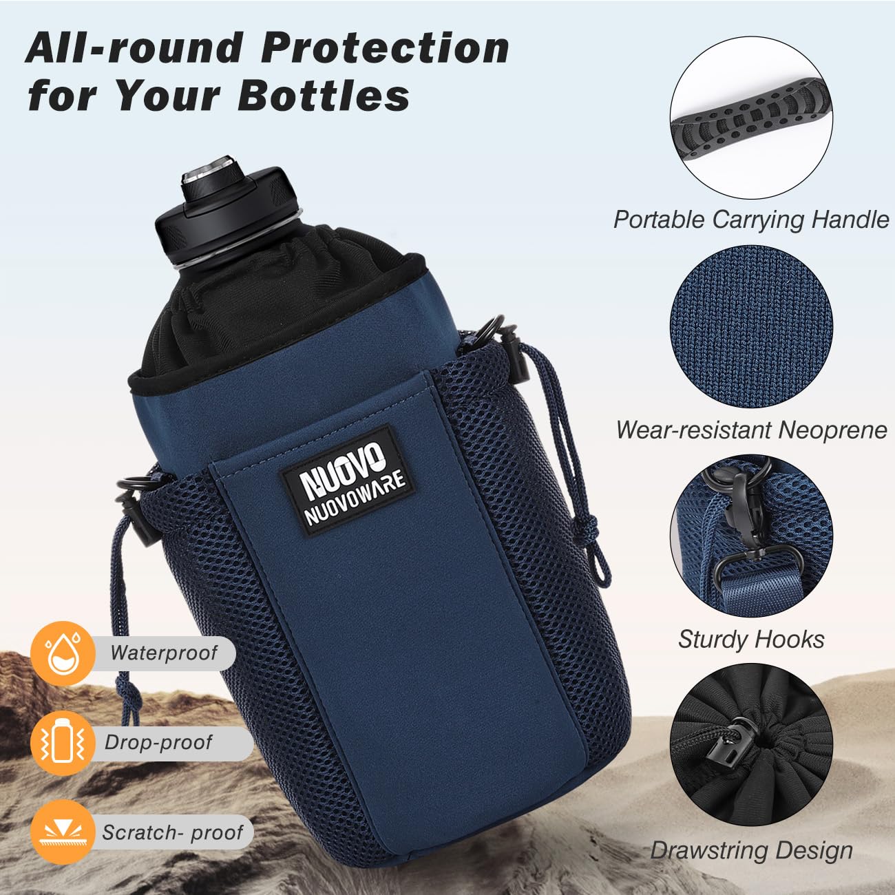 Nuovoware Water Bottle Carrier Bag, 64OZ Insulated Water Bottle Holder with Strap 4 Pockets, Water Bottle Carrier Sling Bag for Walking Hiking Camping Fishing Sport, Blue